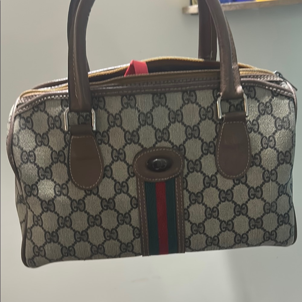 Gucci Beige and Brown Satchel with Red and Green Stripe